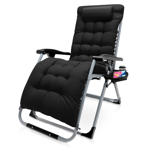 Liggestol - Zero Gravity Sammenklappelig - 72 cm Ekstra Bred - Bomuldshynde - Maks 160 kg - Metalramme - Monteringsfri - Til Have/Terrasse - Sort