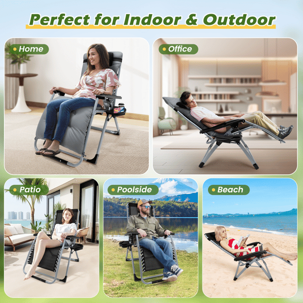 Liggestol - Zero Gravity Sammenklappelig - 72 cm Ekstra Bred - Bomuldshynde - Maks 160 kg - Metalramme - Monteringsfri - Til Have/Terrasse - Sort