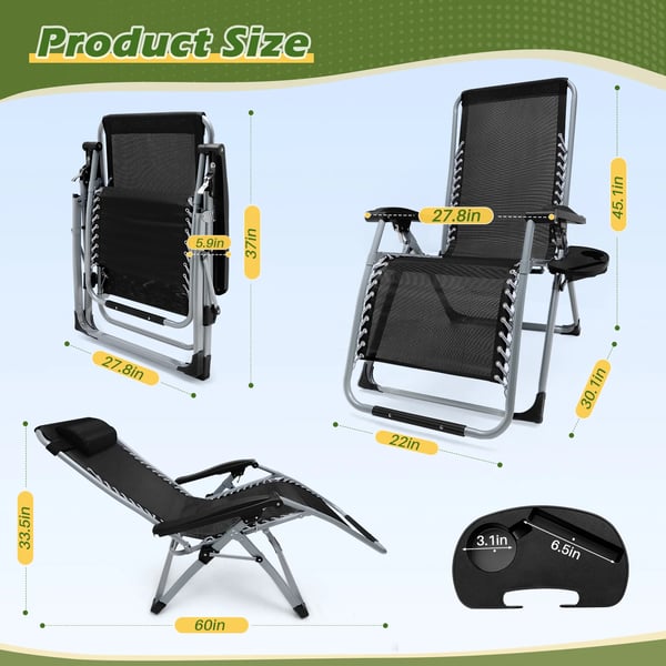 Liggestol - Zero Gravity Sammenklappelig - 72 cm Ekstra Bred - Bomuldshynde - Maks 160 kg - Metalramme - Monteringsfri - Til Have/Terrasse - Sort