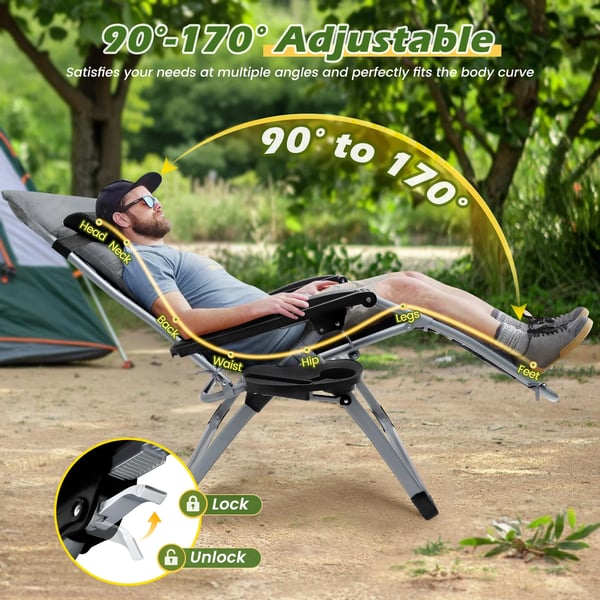 Liggestol - Zero Gravity Sammenklappelig - 72 cm Ekstra Bred - Bomuldshynde - Maks 160 kg - Metalramme - Monteringsfri - Til Have/Terrasse - Sort