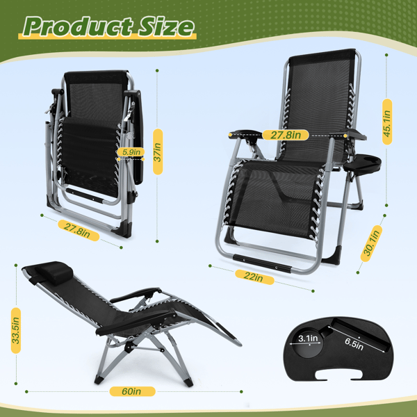 Liggestol - Zero Gravity Sammenklappelig - 72 cm Ekstra Bred - Bomuldshynde - Maks 160 kg - Metalramme - Monteringsfri - Til Have/Terrasse - Sort