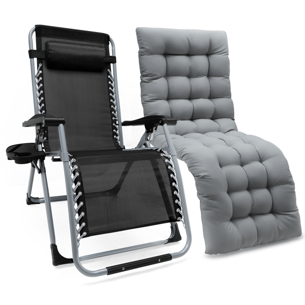Liggestol - Zero Gravity Sammenklappelig - 72 cm Ekstra Bred - Bomuldshynde - Maks 160 kg - Metalramme - Monteringsfri - Til Have/Terrasse - Sort