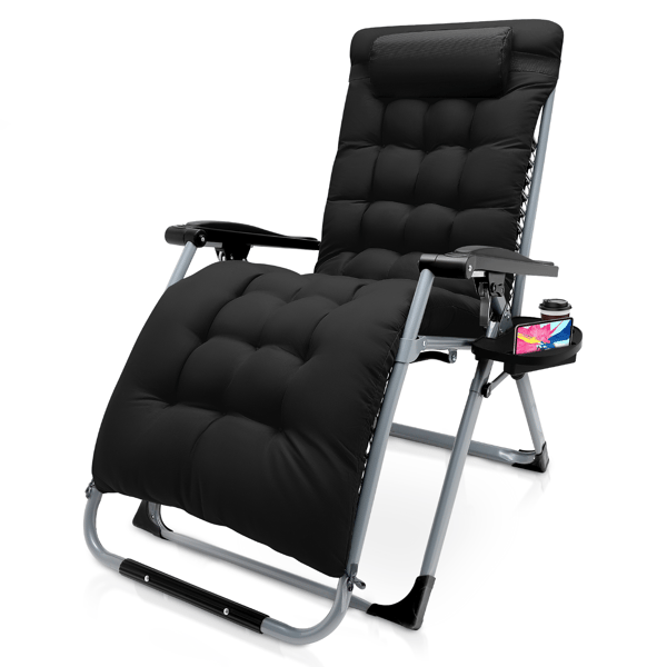 Liggestol - Zero Gravity Sammenklappelig - 72 cm Ekstra Bred - Bomuldshynde - Maks 160 kg - Metalramme - Monteringsfri - Til Have/Terrasse - Sort