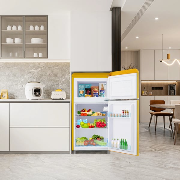 Retro køleskab - Mini køl/frys med dobbeltdør - 72 l - EU-stik 220V - 39 dB - LED-belysning - Energiklasse E 120 kWh/år - Blå