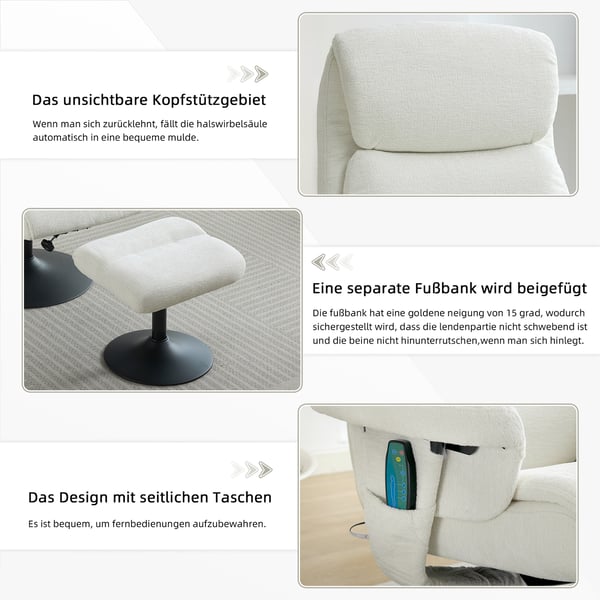 Afslapningsstol - Recliner TV-stol - 5-punkts Massage - Elektrisk Varme - Liggefunktion - 77x75,5x100 cm - Hvid