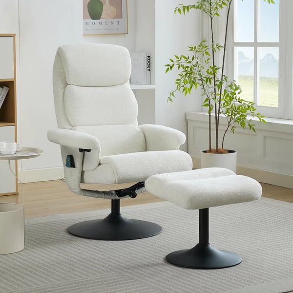 Afslapningsstol - Recliner TV-stol - 5-punkts Massage - Elektrisk Varme - Liggefunktion - 77x75,5x100 cm - Hvid
