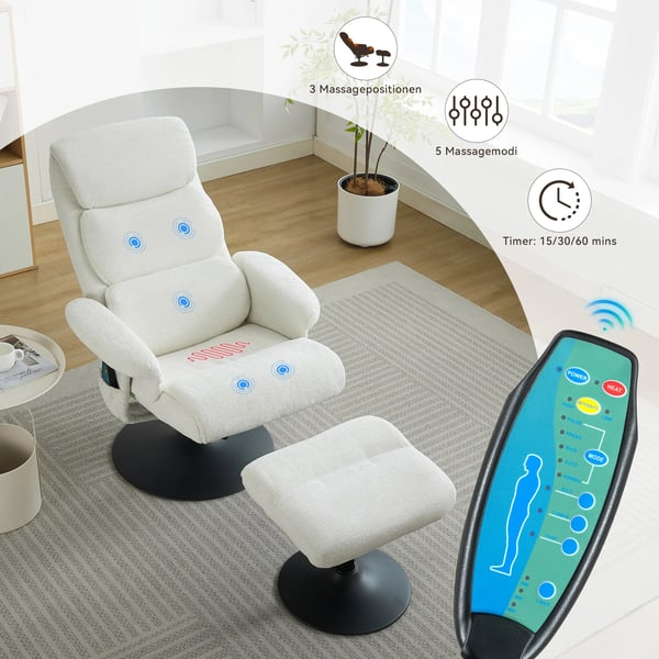 Afslapningsstol - Recliner TV-stol - 5-punkts Massage - Elektrisk Varme - Liggefunktion - 77x75,5x100 cm - Hvid