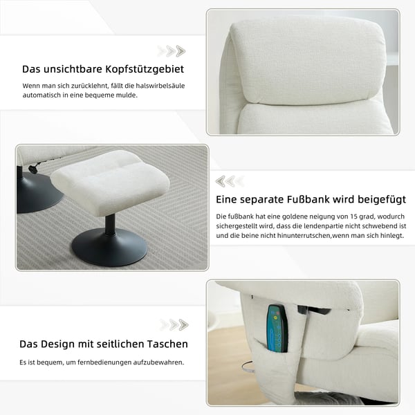 Afslapningsstol - Recliner TV-stol - 5-punkts Massage - Elektrisk Varme - Liggefunktion - 77x75,5x100 cm - Hvid
