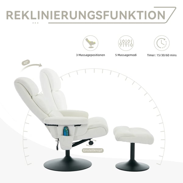 Afslapningsstol - Recliner TV-stol - 5-punkts Massage - Elektrisk Varme - Liggefunktion - 77x75,5x100 cm - Hvid