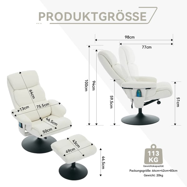 Afslapningsstol - Recliner TV-stol - 5-punkts Massage - Elektrisk Varme - Liggefunktion - 77x75,5x100 cm - Hvid