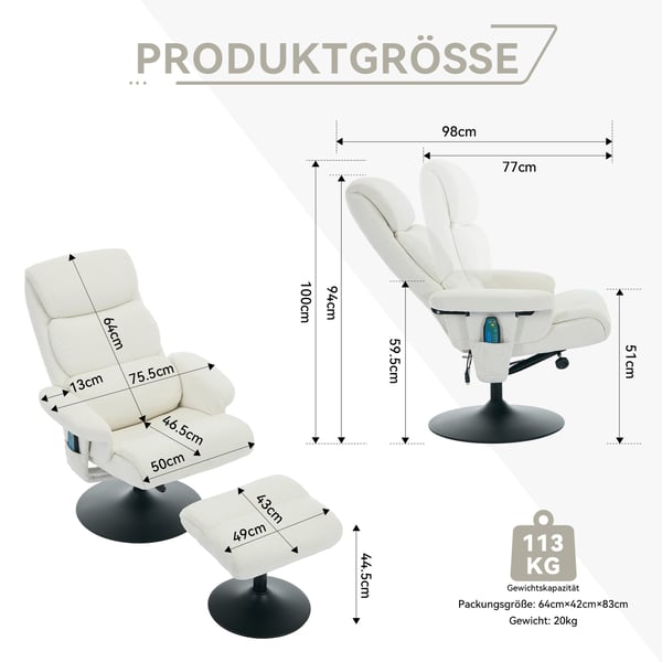 Afslapningsstol - Recliner TV-stol - 5-punkts Massage - Elektrisk Varme - Liggefunktion - 77x75,5x100 cm - Hvid