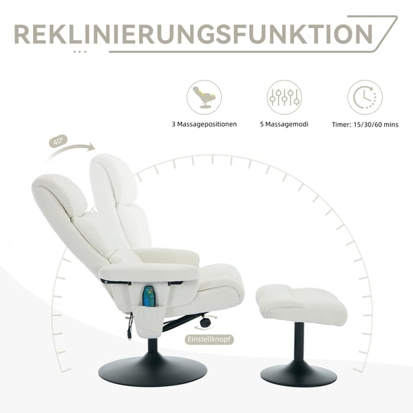 Afslapningsstol - Recliner TV-stol - 5-punkts Massage - Elektrisk Varme - Liggefunktion - 77x75,5x100 cm - Hvid
