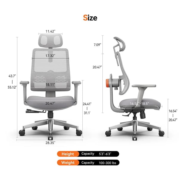Ergonomisk kontorstol - MAGICH003 - Selvfølgende ryglæn - Adaptiv lændestøtte - Justerbar nakkestøtte 13 cm - Max 136 kg - Armygrøn