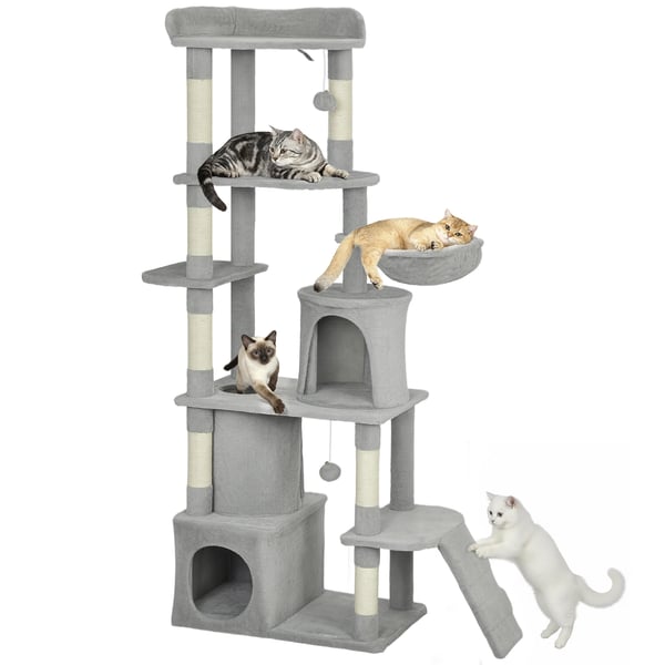 Kattklösträd - Kattställning - Storlek 60x40x170 cm - 7 Klöspelare - 3 Plattformar - 2 Kojor - 1 Tunnel - 1 Hängmatta - Ljusgrå