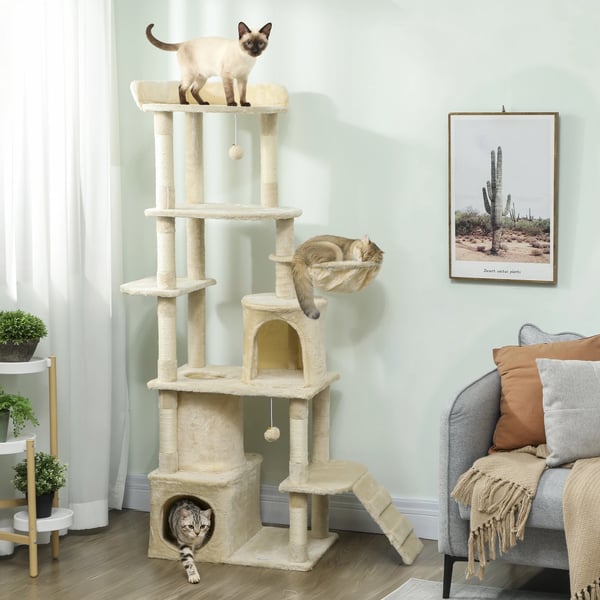 Katträd - Klösträd - Mål 60x40x170 cm - 4 Nivåer - 7 Klöstolpar - 2 Grottor - Tunnel & Hängmatta - Beige