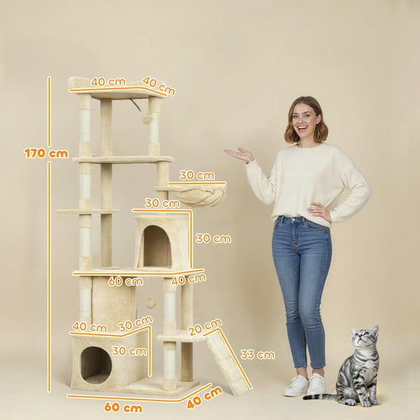 Katträd - Klösträd - Mål 60x40x170 cm - 4 Nivåer - 7 Klöstolpar - 2 Grottor - Tunnel & Hängmatta - Beige