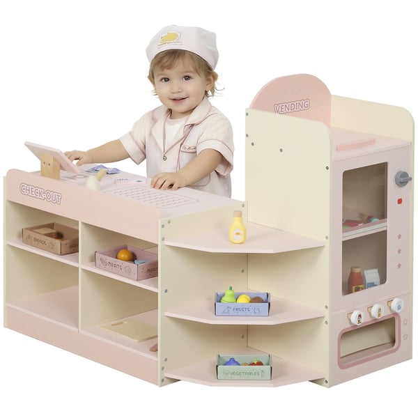 Lekbutik i trä - Lekset - Med Kassapparat - Varuautomat - 3 Öppna Hyllor - 4 Fack - Märkta Lådor - Från 3 År - Rosa