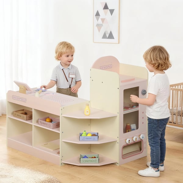 Lekbutik i trä - Lekset - Med Kassapparat - Varuautomat - 3 Öppna Hyllor - 4 Fack - Märkta Lådor - Från 3 År - Rosa