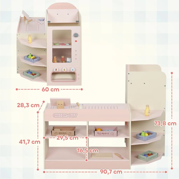 Lekbutik i trä - Lekset - Med Kassapparat - Varuautomat - 3 Öppna Hyllor - 4 Fack - Märkta Lådor - Från 3 År - Rosa