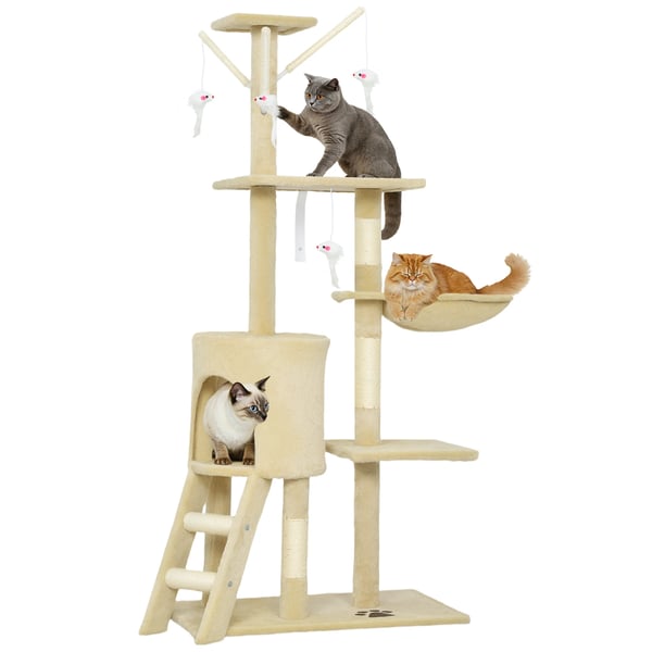 Kattklösträd - Katträd - 134 cm, 6 klöspelare, 3 plattformar, grotta, hängmatta, 4 hängande leksaker - Beige