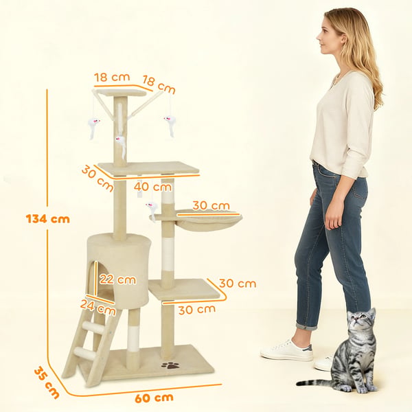 Kattklösträd - Katträd - 134 cm, 6 klöspelare, 3 plattformar, grotta, hängmatta, 4 hängande leksaker - Beige