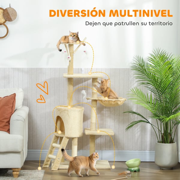Kattklösträd - Katträd - 134 cm, 6 klöspelare, 3 plattformar, grotta, hängmatta, 4 hängande leksaker - Beige