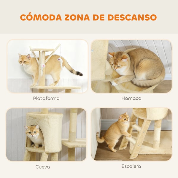Kattklösträd - Katträd - 134 cm, 6 klöspelare, 3 plattformar, grotta, hängmatta, 4 hängande leksaker - Beige