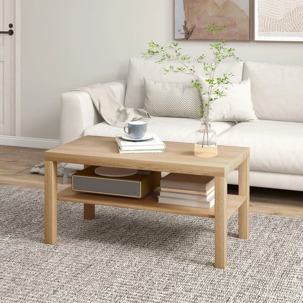 Soffbord - Kaffebord - Rektangulär - Trä - Med Förvaring - Minimalistisk Modern Stil - Mått 90x45x44,5 cm - Montering Krävs - Beige