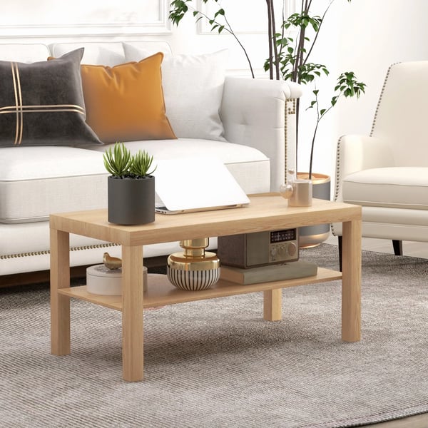 Soffbord - Kaffebord - Rektangulär - Trä - Med Förvaring - Minimalistisk Modern Stil - Mått 90x45x44,5 cm - Montering Krävs - Beige