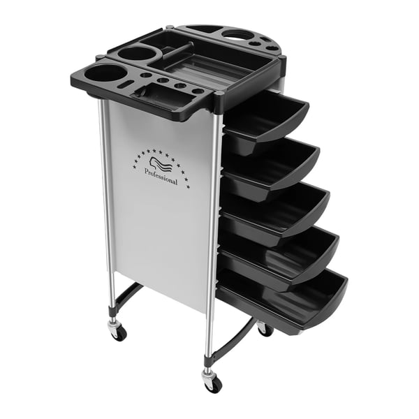 Frisørvogn - Salontrolley med hjul - 6 niveauer - 5 skuffer - Metalramme - Til hårpleje & kosmetik - Samling påkrævet - Sort