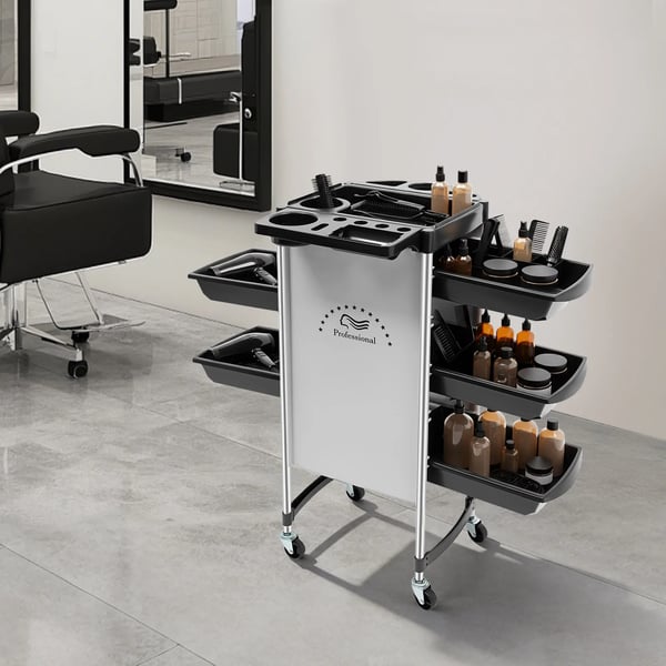 Frisørvogn - Salontrolley med hjul - 6 niveauer - 5 skuffer - Metalramme - Til hårpleje & kosmetik - Samling påkrævet - Sort