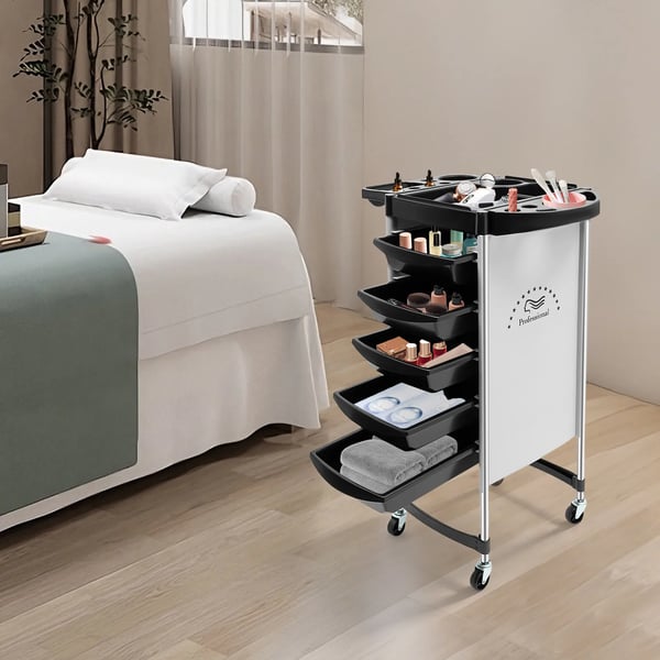 Frisørvogn - Salontrolley med hjul - 6 niveauer - 5 skuffer - Metalramme - Til hårpleje & kosmetik - Samling påkrævet - Sort