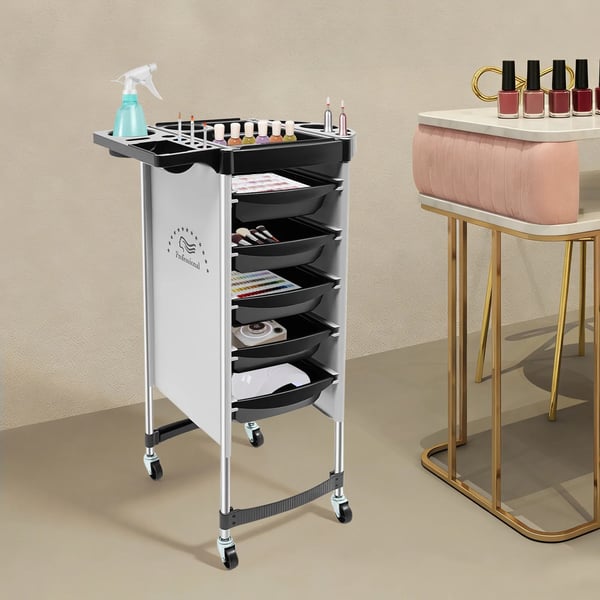 Frisørvogn - Salontrolley med hjul - 6 niveauer - 5 skuffer - Metalramme - Til hårpleje & kosmetik - Samling påkrævet - Sort