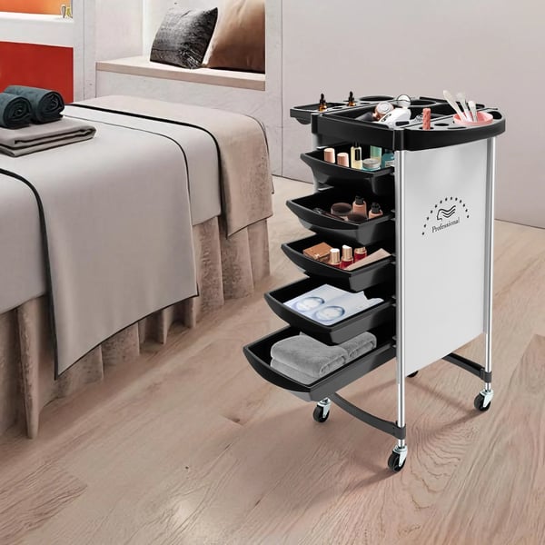 Frisørvogn - Salontrolley med hjul - 6 niveauer - 5 skuffer - Metalramme - Til hårpleje & kosmetik - Samling påkrævet - Sort