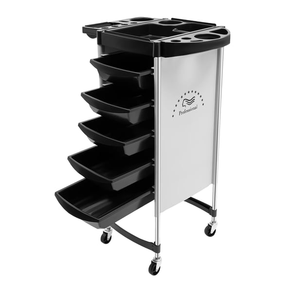 Frisørvogn - Salontrolley med hjul - 6 niveauer - 5 skuffer - Metalramme - Til hårpleje & kosmetik - Samling påkrævet - Sort