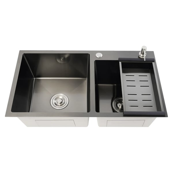 Køkkenvask - Dobbelt kumme - 304 rustfrit stål - 78×43×22 cm - med sæbedispenser & afløbskurv - 1 hul - uden armatur - sort