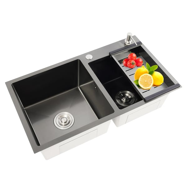 Køkkenvask - Dobbelt kumme - 304 rustfrit stål - 78×43×22 cm - med sæbedispenser & afløbskurv - 1 hul - uden armatur - sort