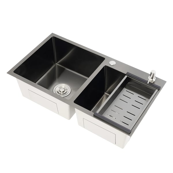 Køkkenvask - Dobbelt kumme - 304 rustfrit stål - 78×43×22 cm - med sæbedispenser & afløbskurv - 1 hul - uden armatur - sort