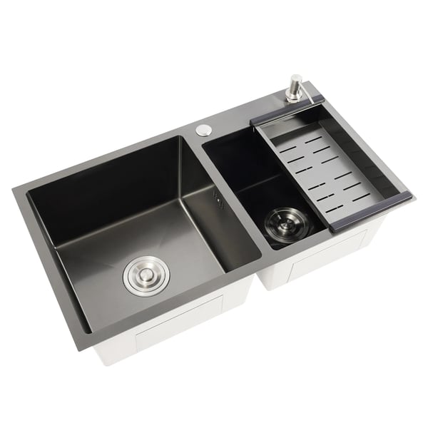 Køkkenvask - Dobbelt kumme - 304 rustfrit stål - 78×43×22 cm - med sæbedispenser & afløbskurv - 1 hul - uden armatur - sort