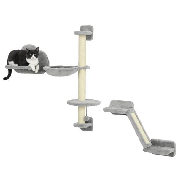Katt klättervägg - 3-delat väggmonterat klösträd - Hängmatta - Klösstolpe - Molnformad plattform - 4 nivåer - 30×30×96 cm - Grå