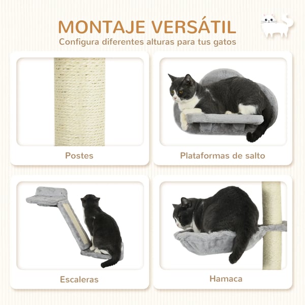 Katt klättervägg - 3-delat väggmonterat klösträd - Hängmatta - Klösstolpe - Molnformad plattform - 4 nivåer - 30×30×96 cm - Grå