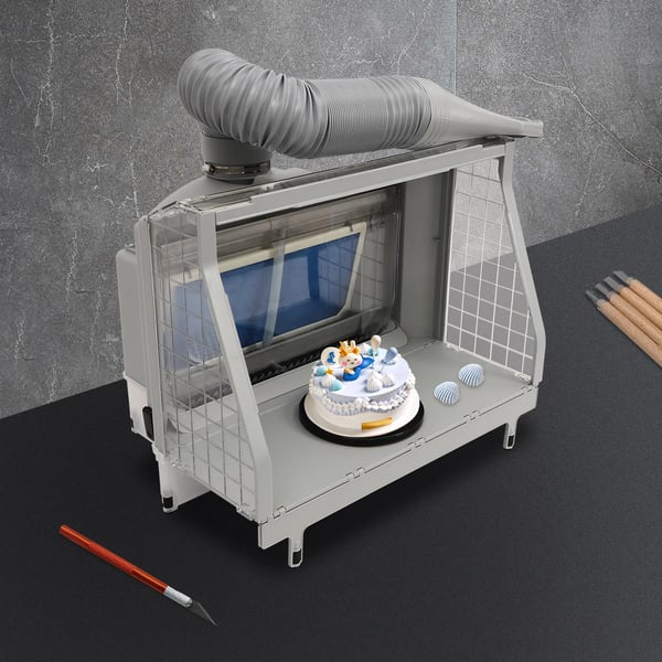 Airbrush spraykabine - Sammenklappelig malekabine - LED-lys (3) - Udsugningsventilator - Netspænding 100–240V 50/60Hz - Til model & kage - Grå
