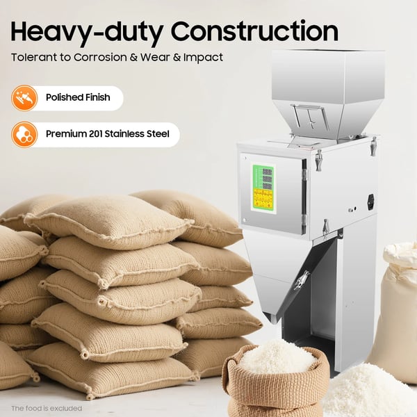 Automatisk fyldemaskine - Vejefylder - Justerbart 10–999 g - Dobbelt Udløb & Vibration - 200 W 220 V - Nøjagtighed ±2 g - Rustfrit Stål 201
