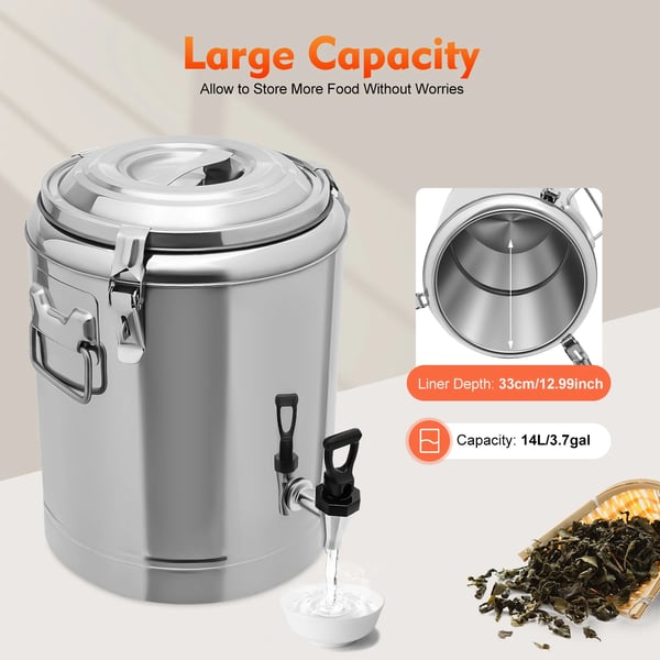 Drikkedispenser - Isoleret rustfri beholder med hane - 14 L Kapacitet - Lækagesikker hane - Holder varm/kold 8 t - PU-isolering 2,5 cm - Sølv
