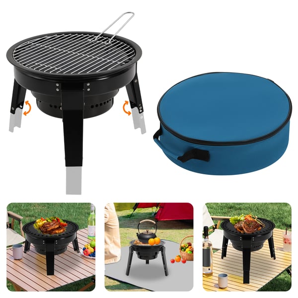 Bærbar kulgrill - Tøndegrill/bordgrill - Med grilltilbehør og bæretaske - Emaljeret kulstofstål - Let at rengøre - Sort