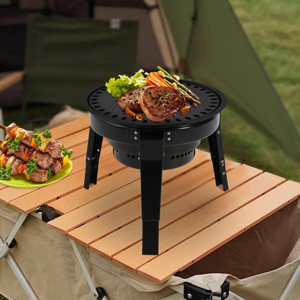 Bærbar kulgrill - Tøndegrill/bordgrill - Med grilltilbehør og bæretaske - Emaljeret kulstofstål - Let at rengøre - Sort
