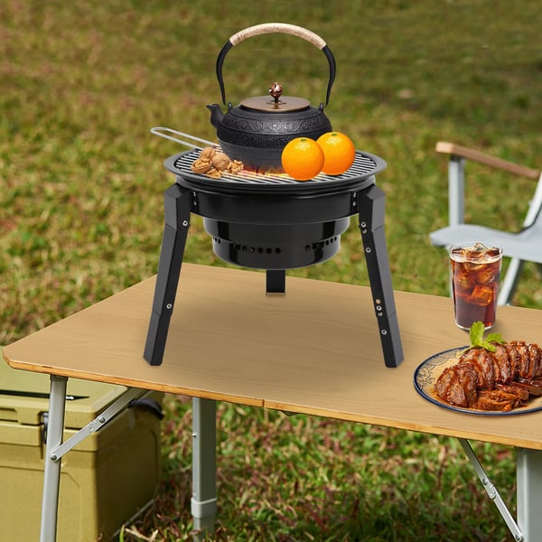 Bærbar kulgrill - Tøndegrill/bordgrill - Med grilltilbehør og bæretaske - Emaljeret kulstofstål - Let at rengøre - Sort