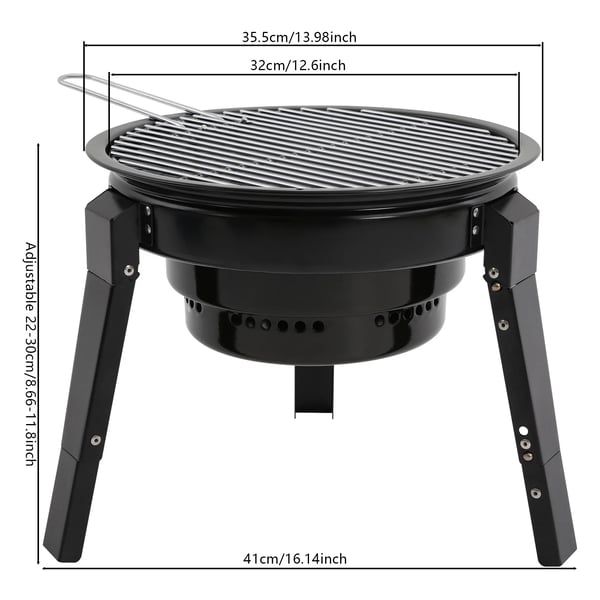 Bærbar kulgrill - Tøndegrill/bordgrill - Med grilltilbehør og bæretaske - Emaljeret kulstofstål - Let at rengøre - Sort