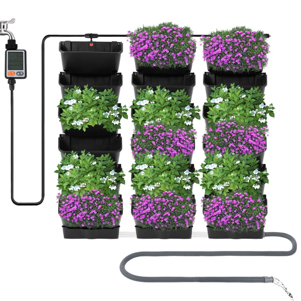 Väggmonterad planteringsvägg - Självvattnande droppbevattningssystem - 18 Krukor - Timer 999 Min - Droppslang 3 M - 100x100x14 Cm - Armégrön