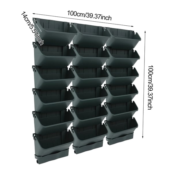 Väggmonterad planteringsvägg - Självvattnande droppbevattningssystem - 18 Krukor - Timer 999 Min - Droppslang 3 M - 100x100x14 Cm - Armégrön